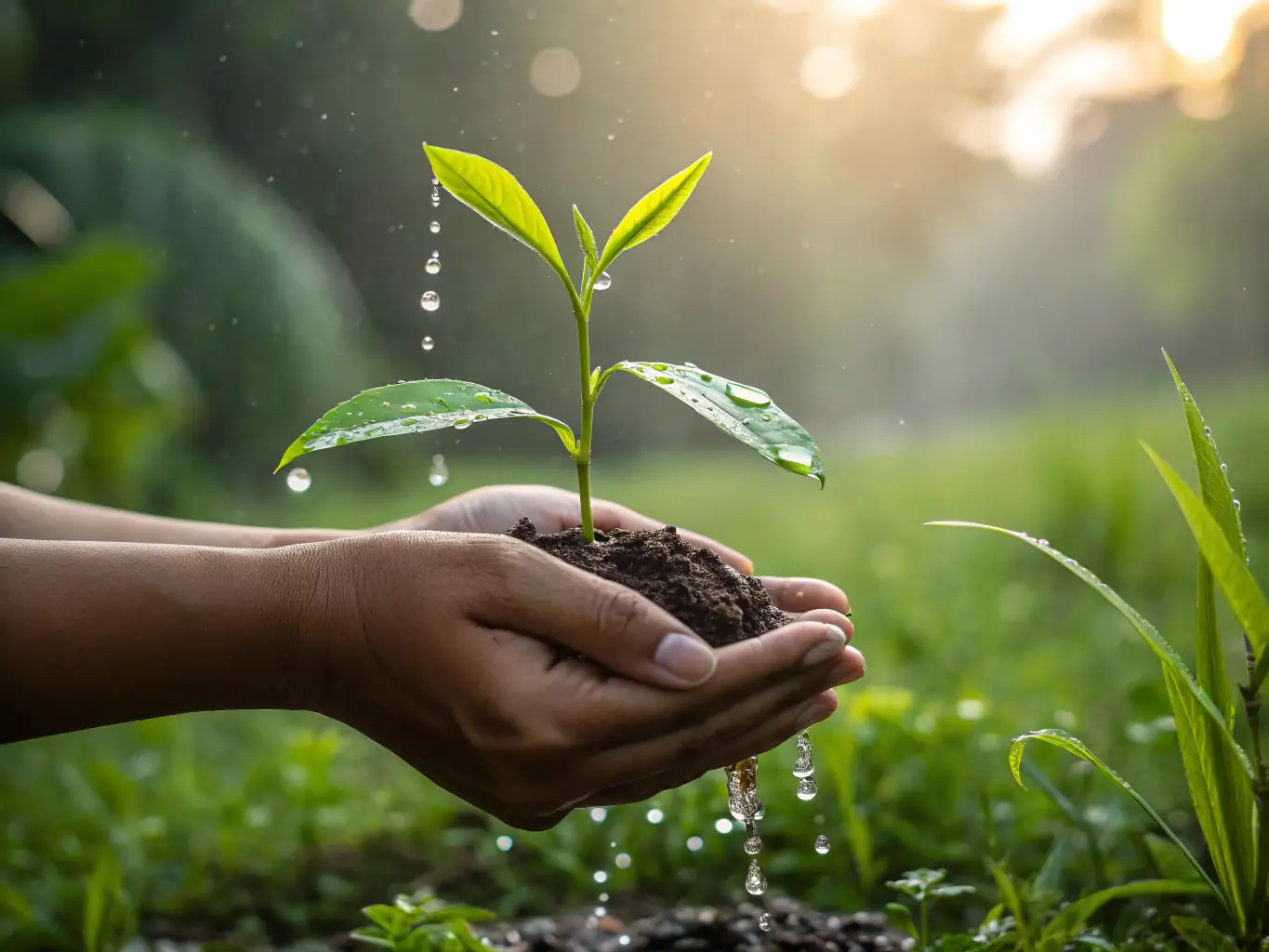 A close-up shot of a hand carefully watering a small native plant seedling in a desert garden, demonstrating water conservation techniques.