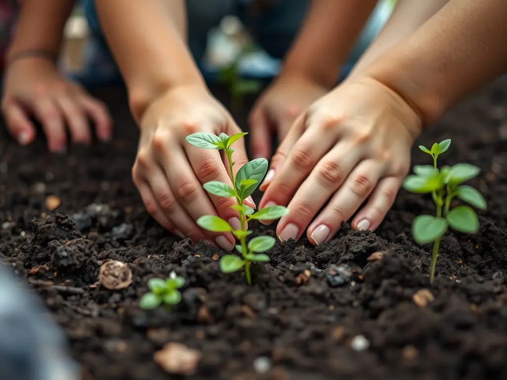 A close-up shot of a student's hands carefully planting a native Sonoran plant in a small pot during a PupfishCo. workshop, showcasing the hands-on learning experience.