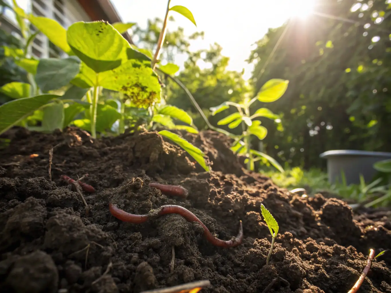 A close-up shot of healthy soil teeming with earthworms and plant roots, illustrating the vibrant ecosystem beneath the surface.