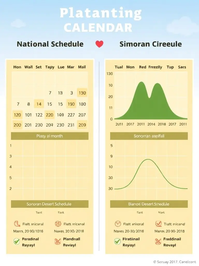 A visual comparison of two planting schedules: a generic national schedule and a Sonoran Desert-specific schedule. The Sonoran schedule should highlight the bimodal rainfall patterns.