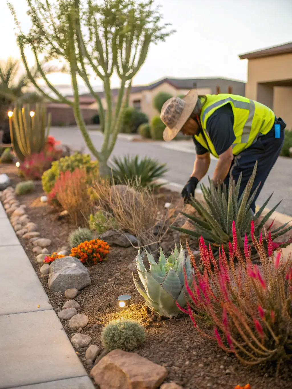 Image of several varieties of native wildflowers blooming in adjacent plots, demonstrating a field trial to determine the best species for attracting pollinators in Tucson.