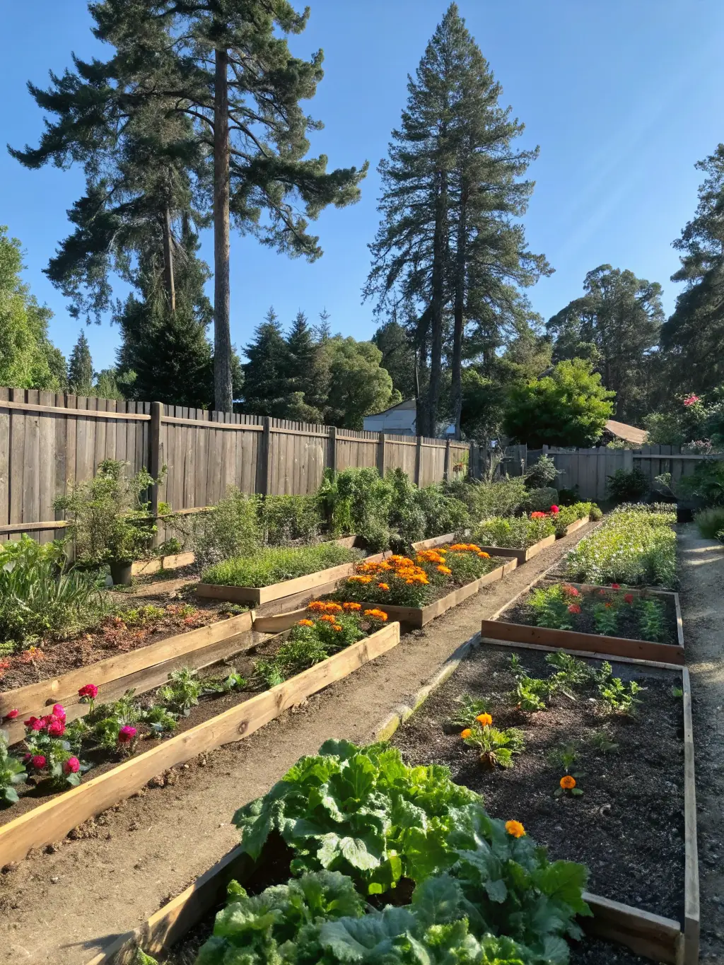 A thriving vegetable garden in the Sonoran Desert, featuring drought-tolerant plants like tomatoes, peppers, and squash, all flourishing under a shade structure.