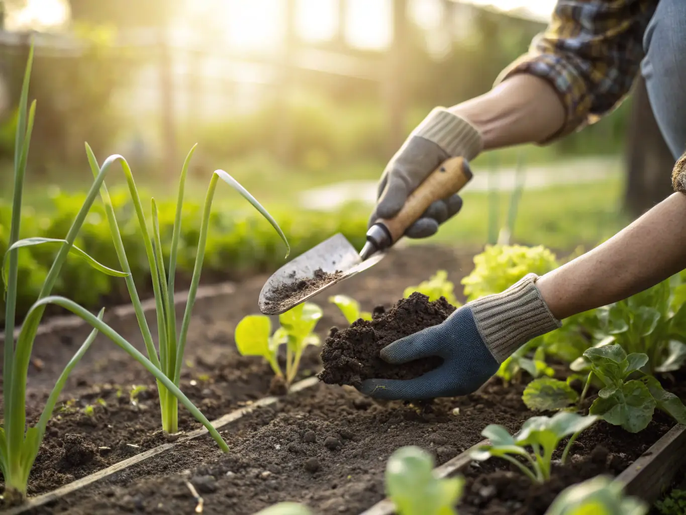 A close-up shot of a gardener carefully applying shade cloth to protect young plants from the intense Sonoran Desert sun, demonstrating a practical heat management technique.