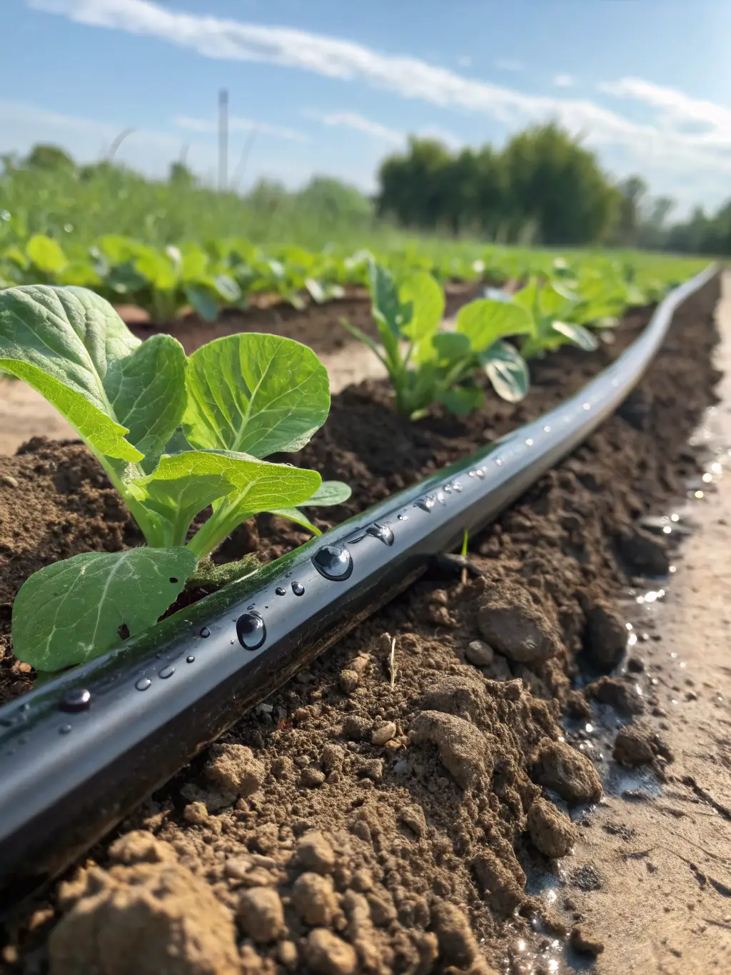 A detailed image of a drip irrigation system efficiently watering a row of desert-adapted trees, highlighting the importance of water conservation.