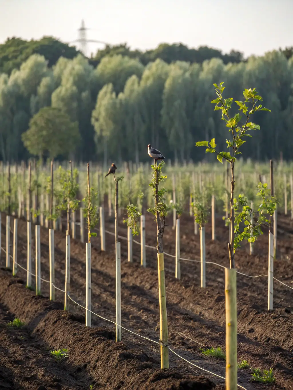 A close-up shot of a row of young mesquite trees planted in a desert field, with varying levels of growth and health, showcasing a field trial on different irrigation methods.