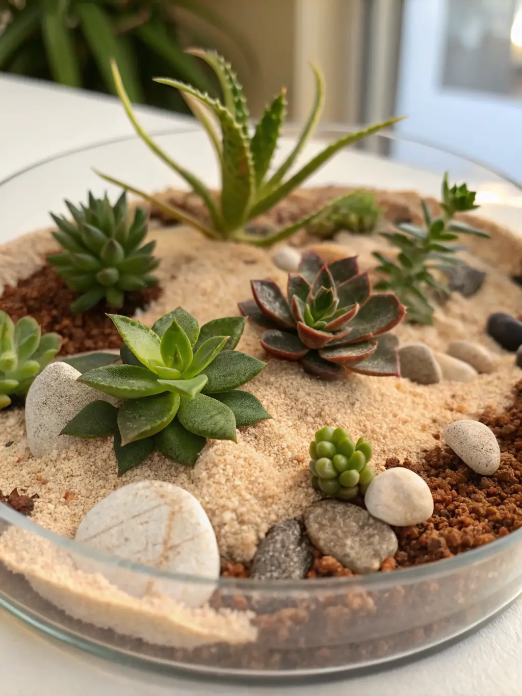 An image showing two sets of desert succulents, one shaded with a 30% shade cloth and the other exposed to full sun, demonstrating the effect on leaf color and overall health.