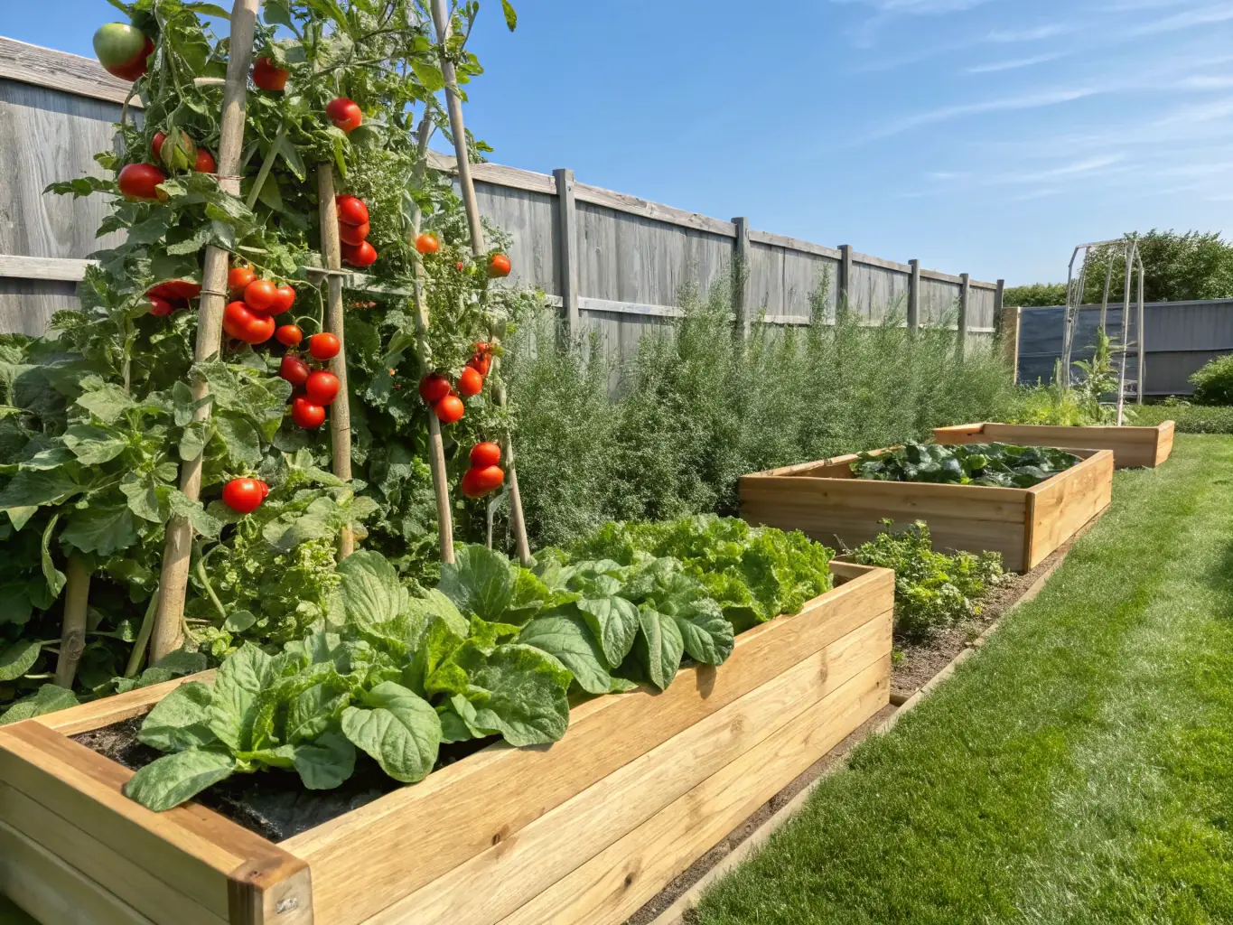 A lush vegetable garden thriving in a backyard in Tucson, Arizona, showcasing various plants adapted to the Sonoran Desert climate, with a focus on water conservation techniques.