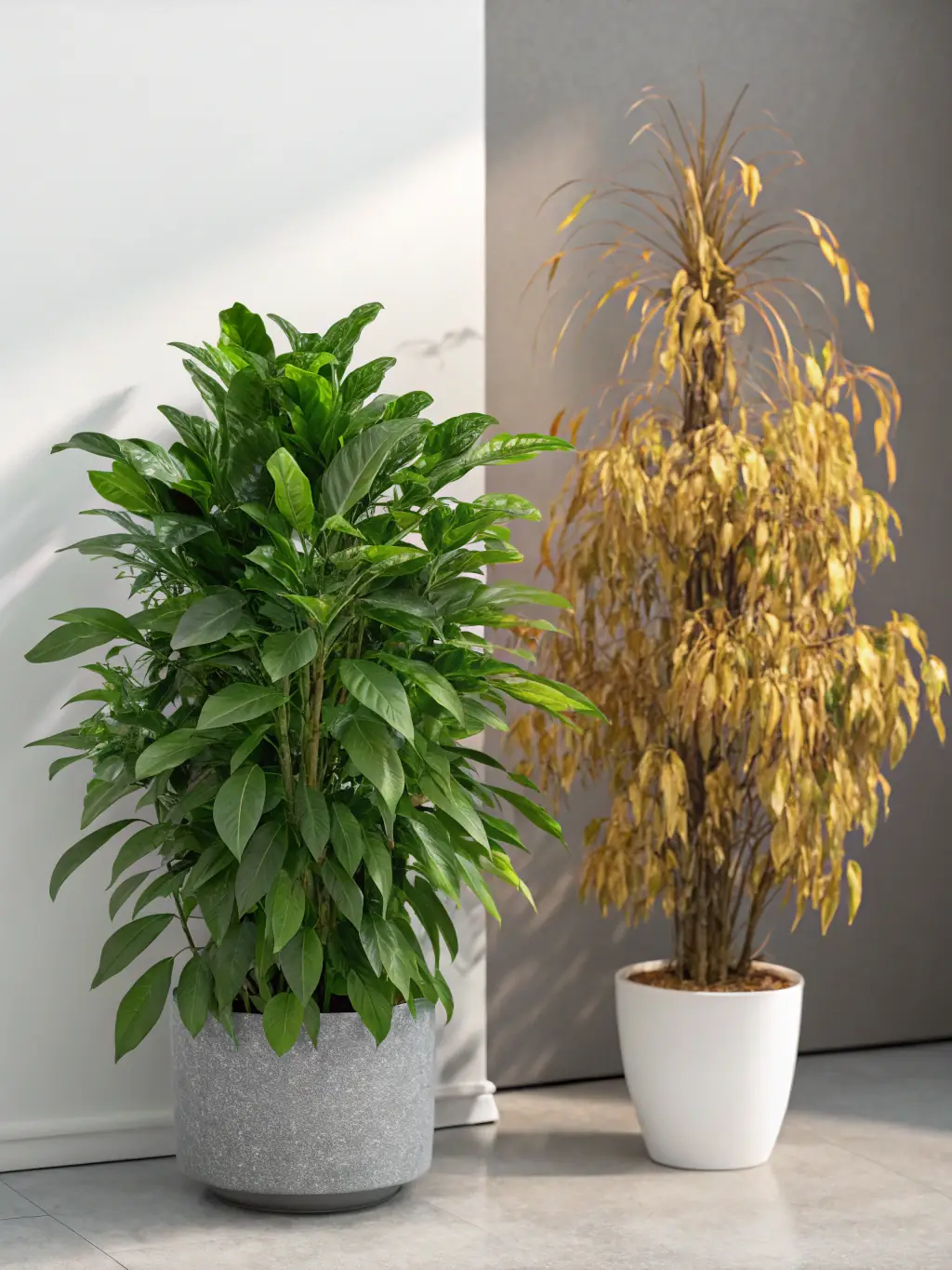 A split image showing a wilting plant in direct sunlight on one side and a thriving plant under shade cloth on the other. This visually demonstrates the impact of sun exposure in the Sonoran Desert.